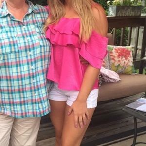 Hot pink blouse with open shoulders